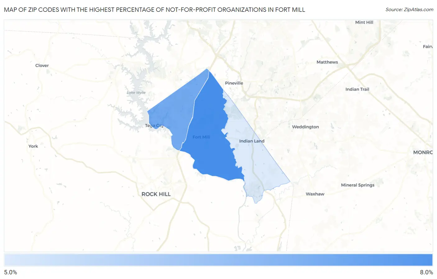 Zip Codes with the Highest Percentage of Not-for-profit Organizations in Fort Mill Map
