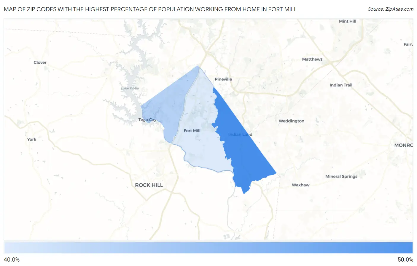 Zip Codes with the Highest Percentage of Population Working from Home in Fort Mill Map
