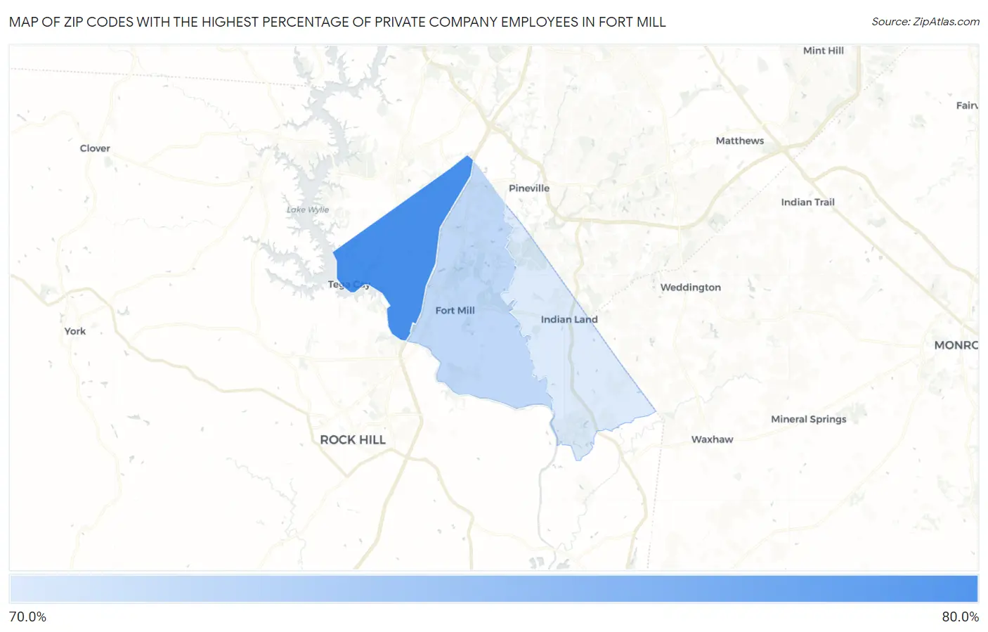Zip Codes with the Highest Percentage of Private Company Employees in Fort Mill Map