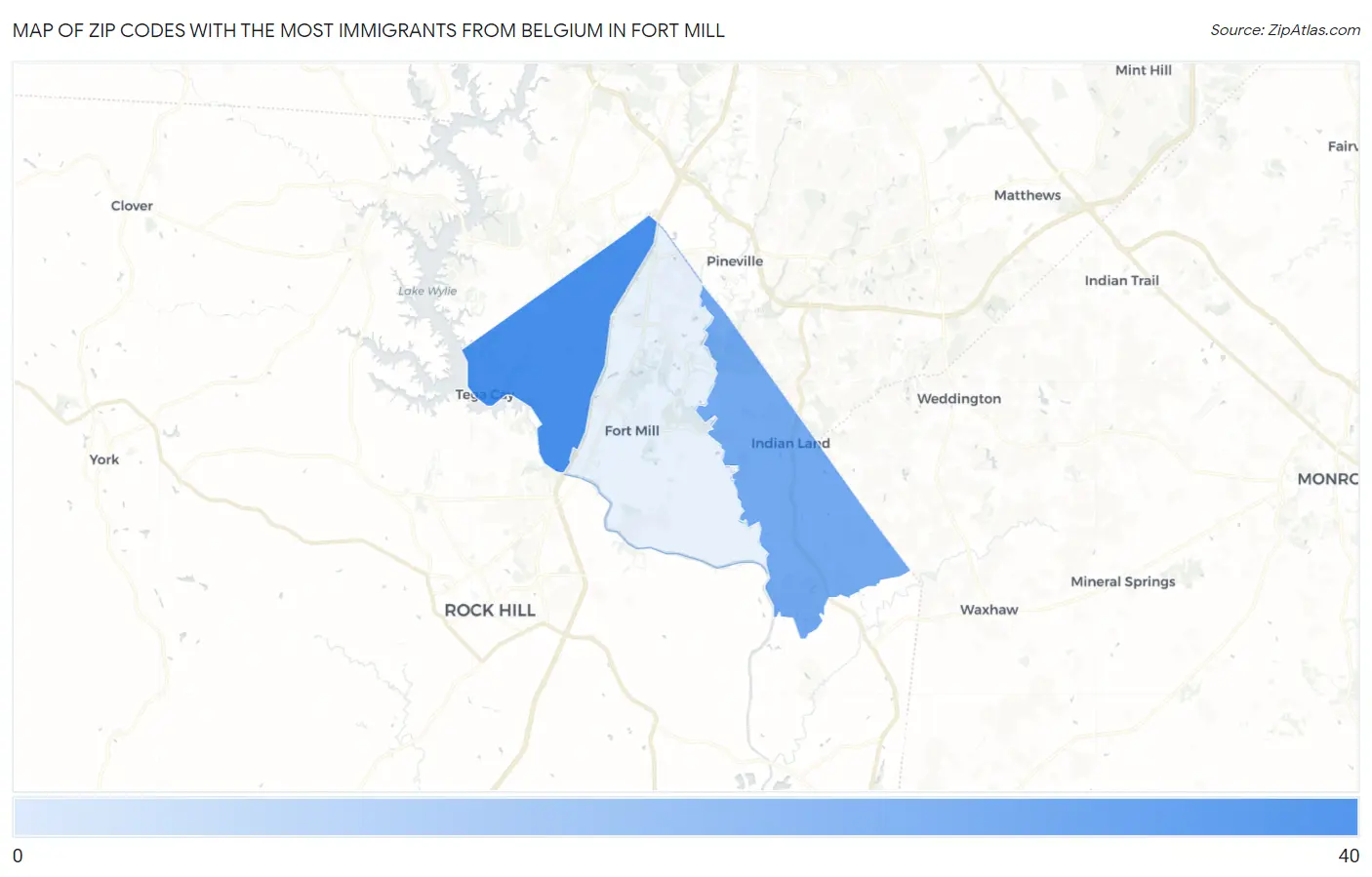 Zip Codes with the Most Immigrants from Belgium in Fort Mill Map