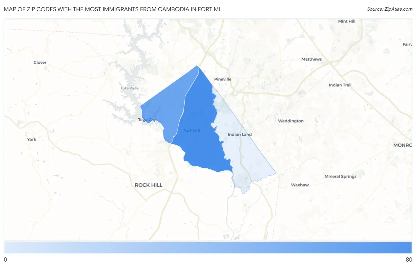 Zip Codes with the Most Immigrants from Cambodia in Fort Mill Map