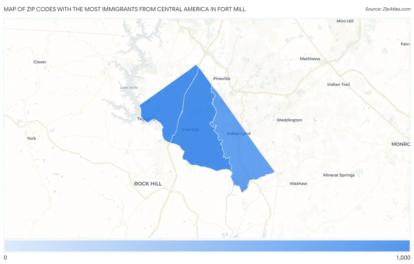 Zip Codes with the Most Immigrants from Central America in Fort Mill Map