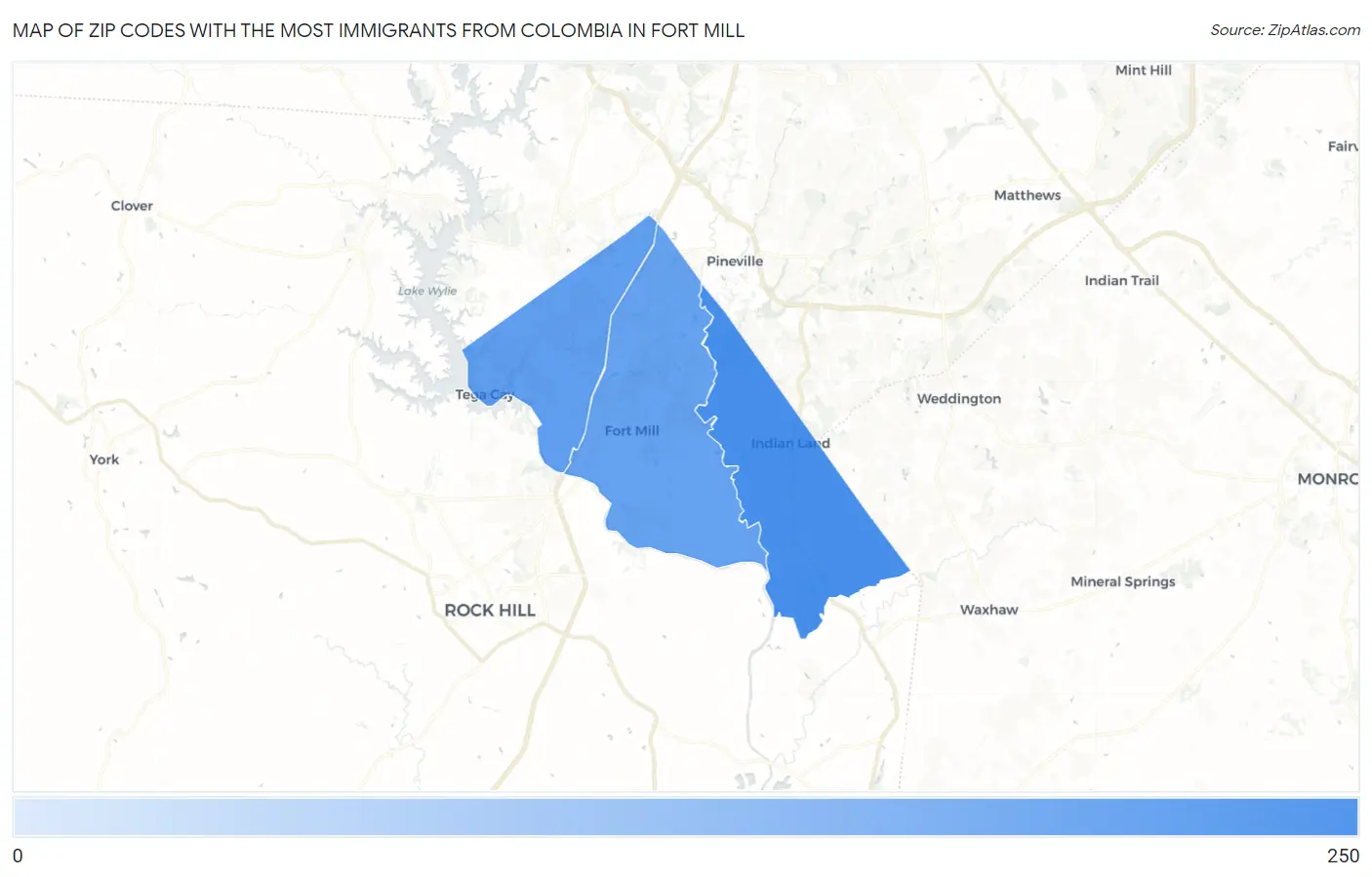 Zip Codes with the Most Immigrants from Colombia in Fort Mill Map
