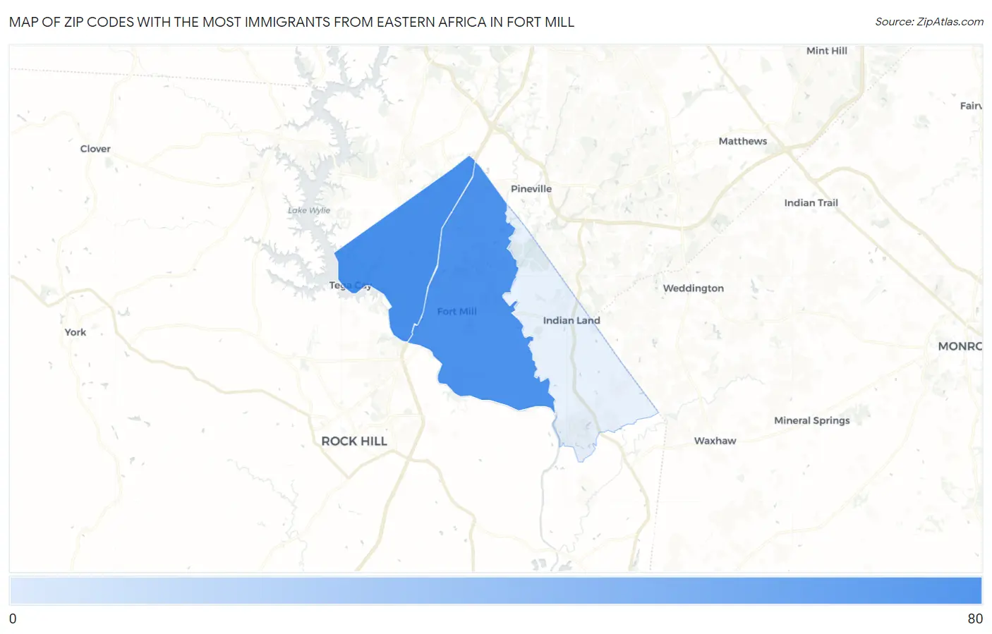Zip Codes with the Most Immigrants from Eastern Africa in Fort Mill Map