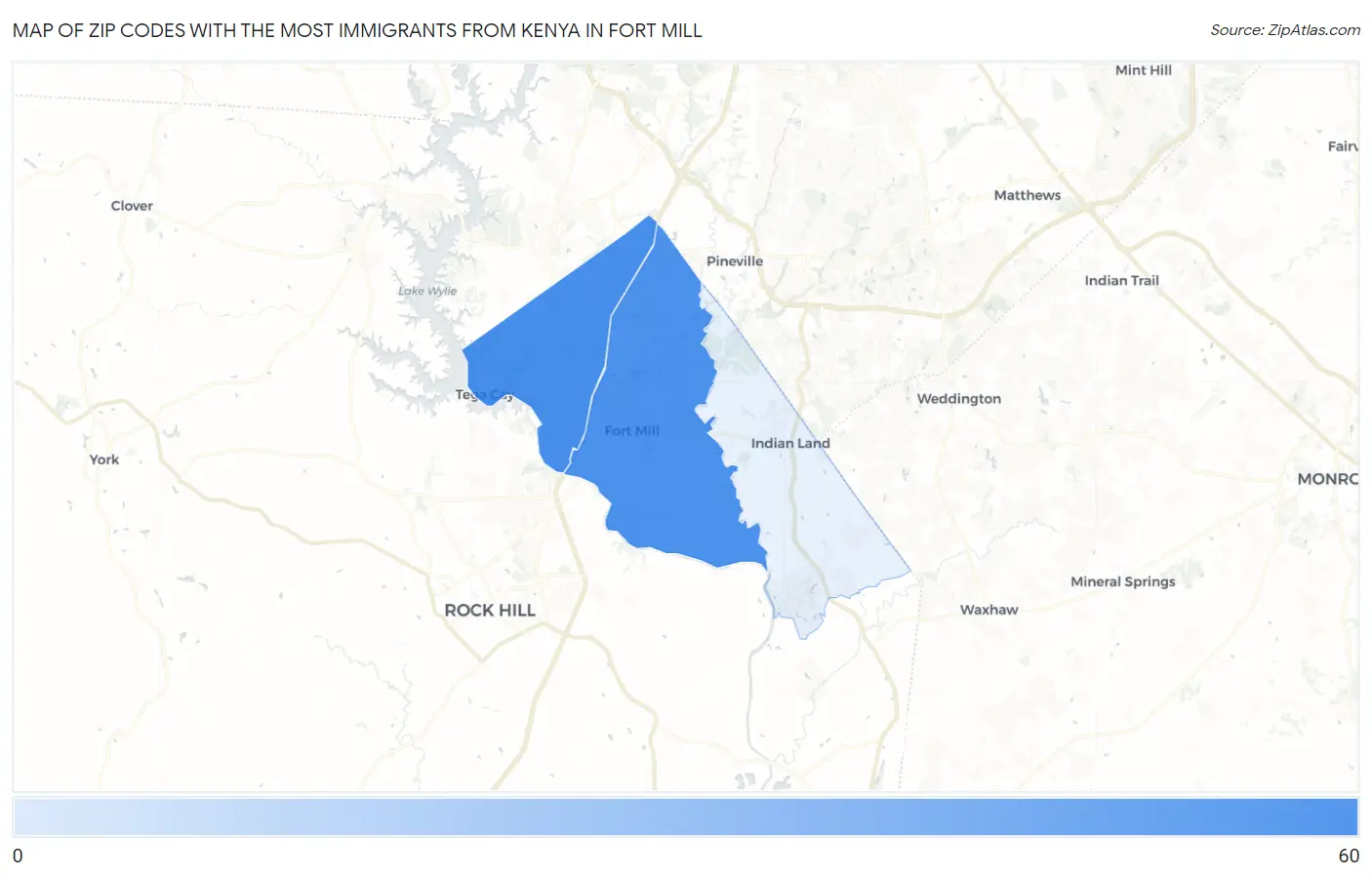 Zip Codes with the Most Immigrants from Kenya in Fort Mill Map