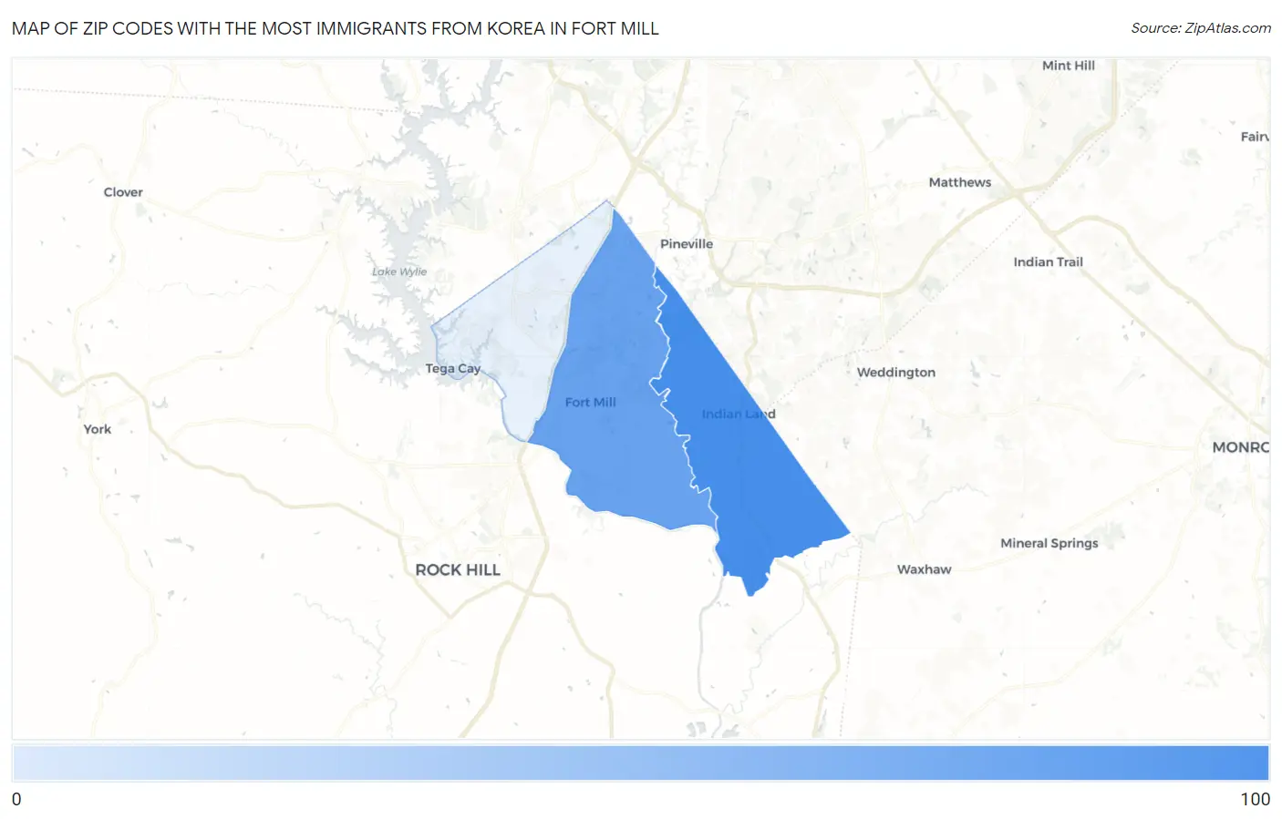 Zip Codes with the Most Immigrants from Korea in Fort Mill Map