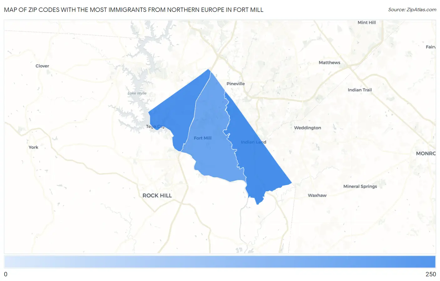 Zip Codes with the Most Immigrants from Northern Europe in Fort Mill Map