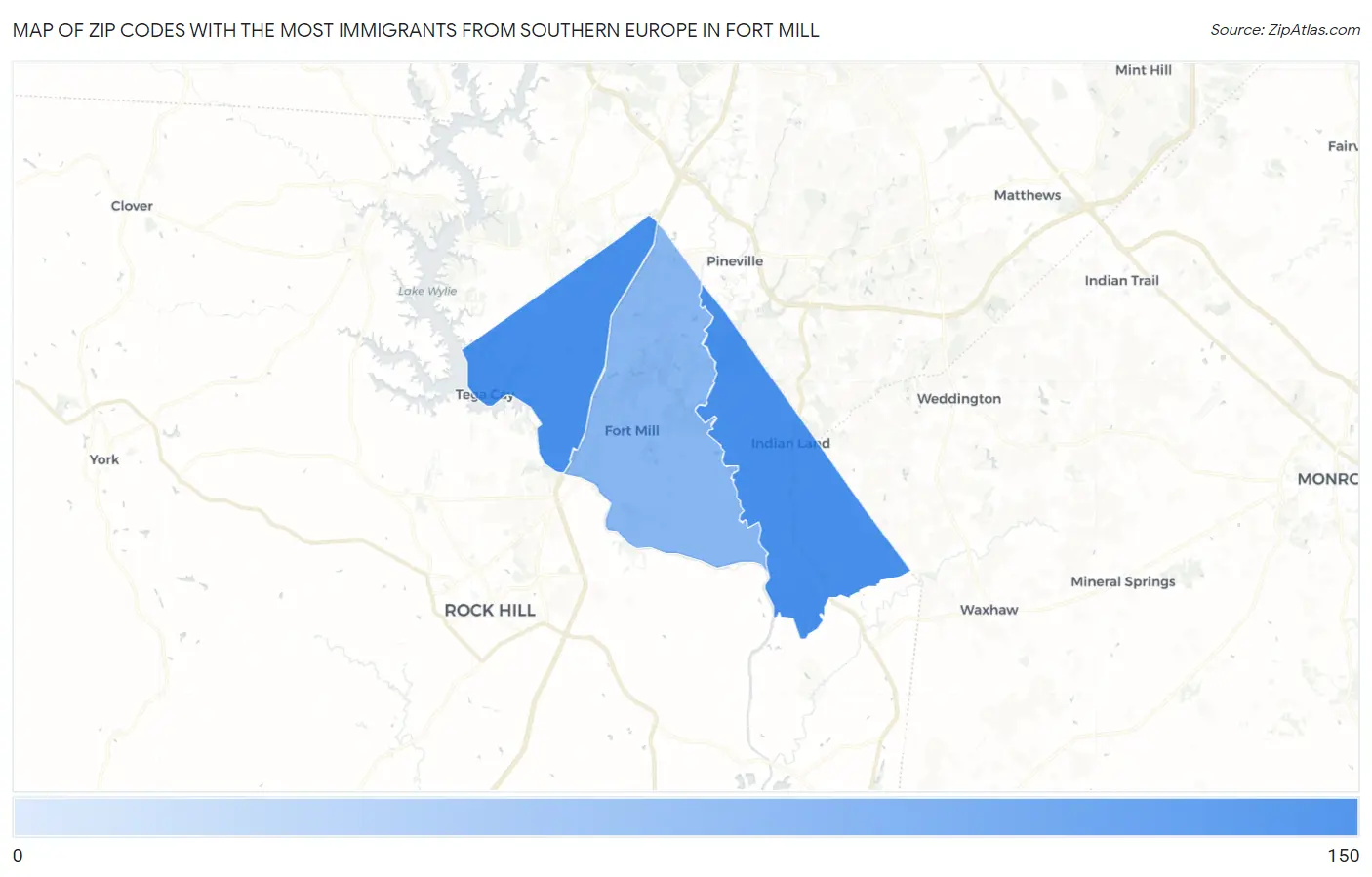 Zip Codes with the Most Immigrants from Southern Europe in Fort Mill Map