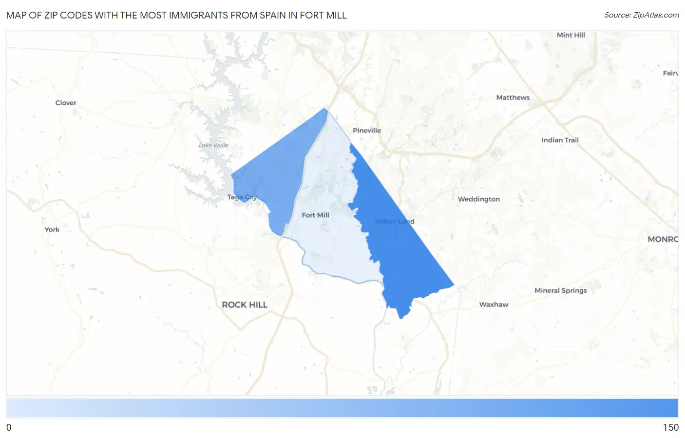 Zip Codes with the Most Immigrants from Spain in Fort Mill Map