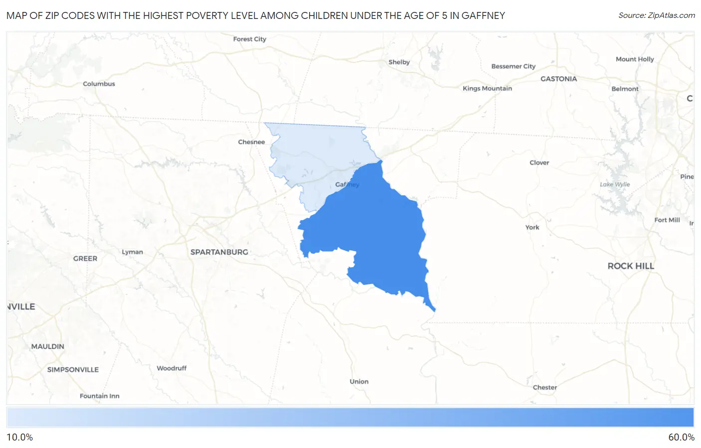 Zip Codes with the Highest Poverty Level Among Children Under the Age of 5 in Gaffney Map