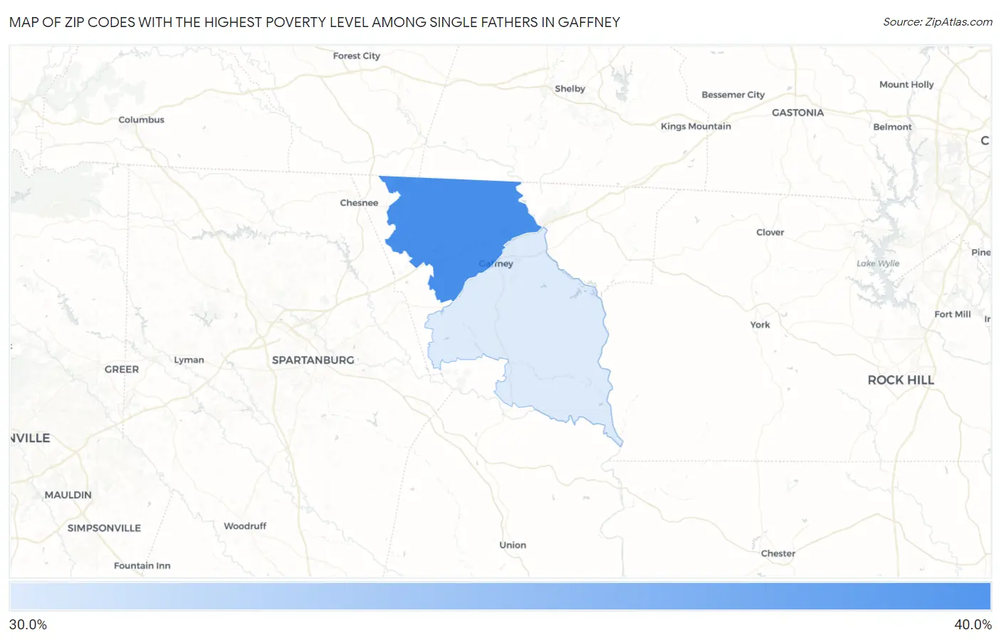 Zip Codes with the Highest Poverty Level Among Single Fathers in Gaffney Map