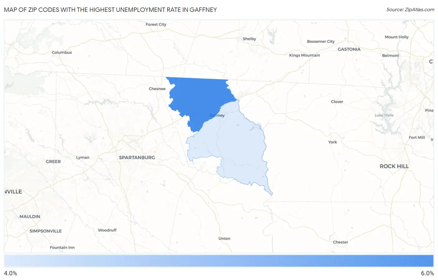 Zip Codes with the Highest Unemployment Rate in Gaffney Map