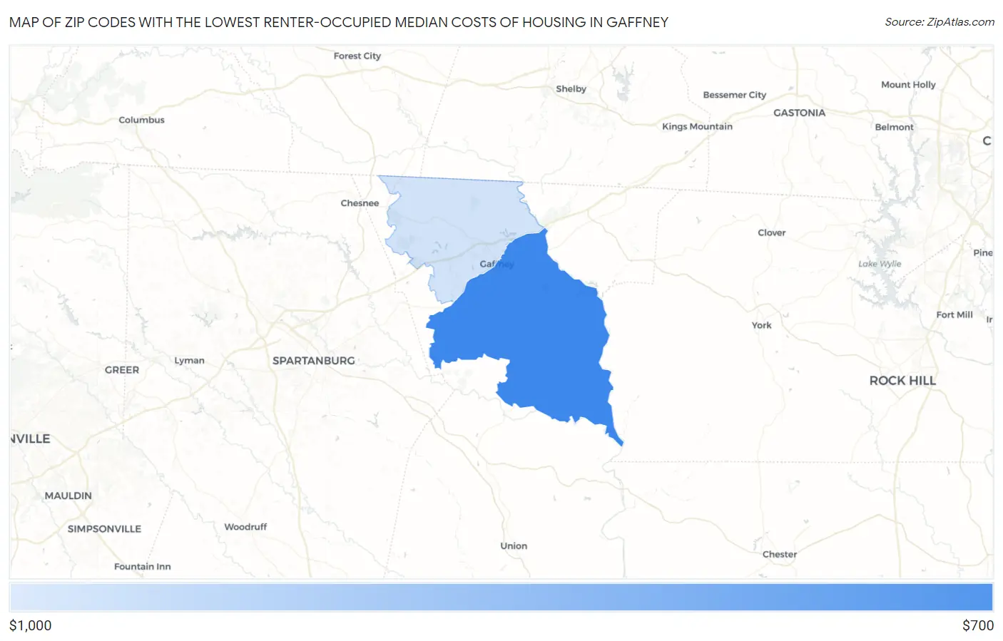 Zip Codes with the Lowest Renter-Occupied Median Costs of Housing in Gaffney Map