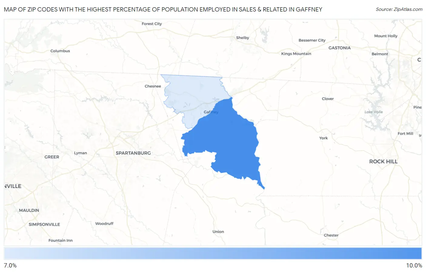 Zip Codes with the Highest Percentage of Population Employed in Sales & Related in Gaffney Map