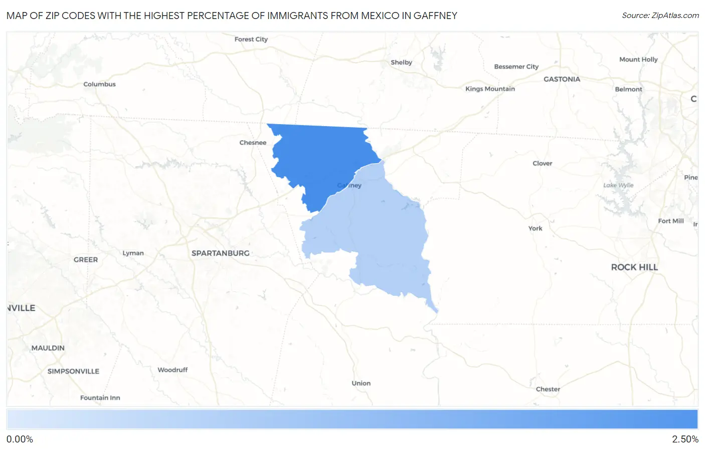 Zip Codes with the Highest Percentage of Immigrants from Mexico in Gaffney Map