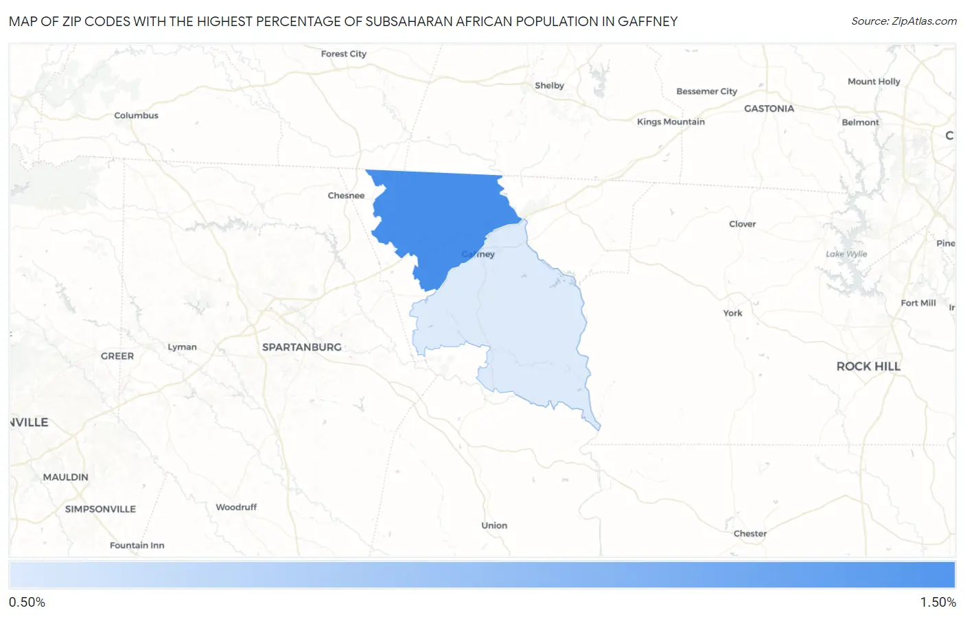 Zip Codes with the Highest Percentage of Subsaharan African Population in Gaffney Map