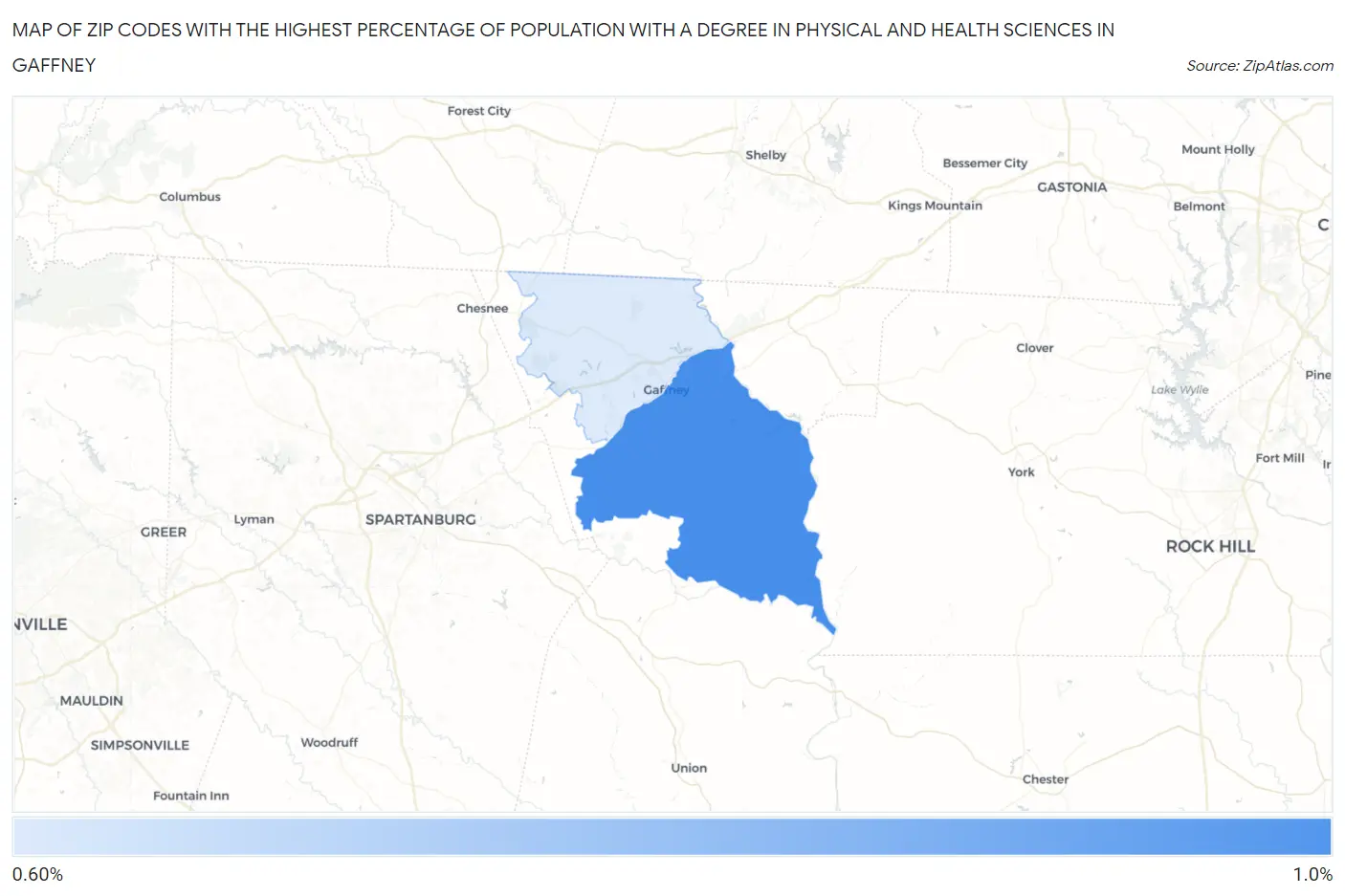 Zip Codes with the Highest Percentage of Population with a Degree in Physical and Health Sciences in Gaffney Map