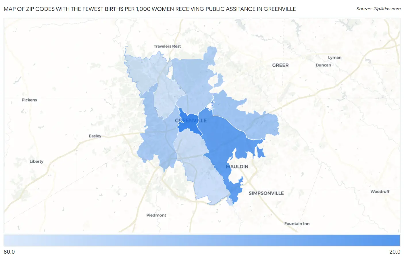 Zip Codes with the Fewest Births per 1,000 Women Receiving Public Assitance in Greenville Map
