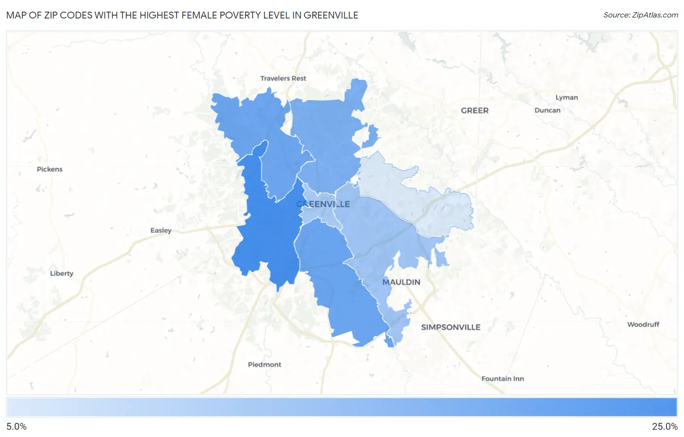Zip Codes with the Highest Female Poverty Level in Greenville Map