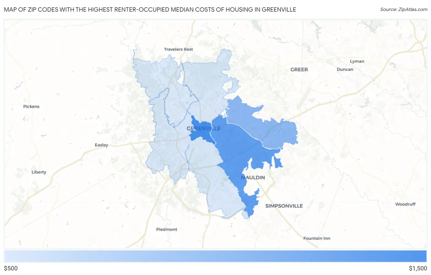 Zip Codes with the Highest Renter-Occupied Median Costs of Housing in Greenville Map