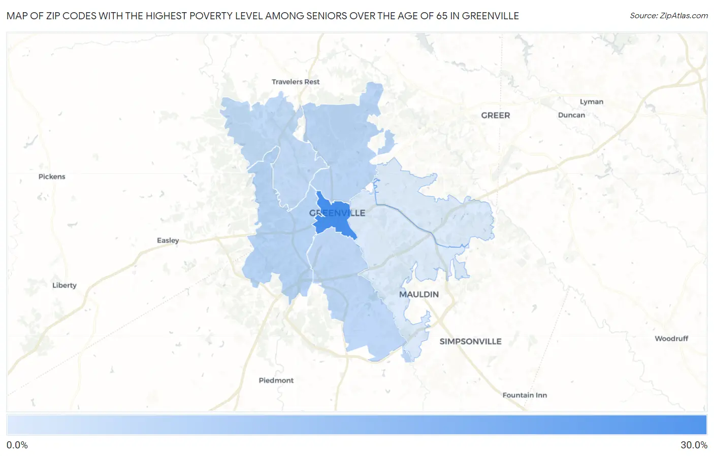 Zip Codes with the Highest Poverty Level Among Seniors Over the Age of 65 in Greenville Map