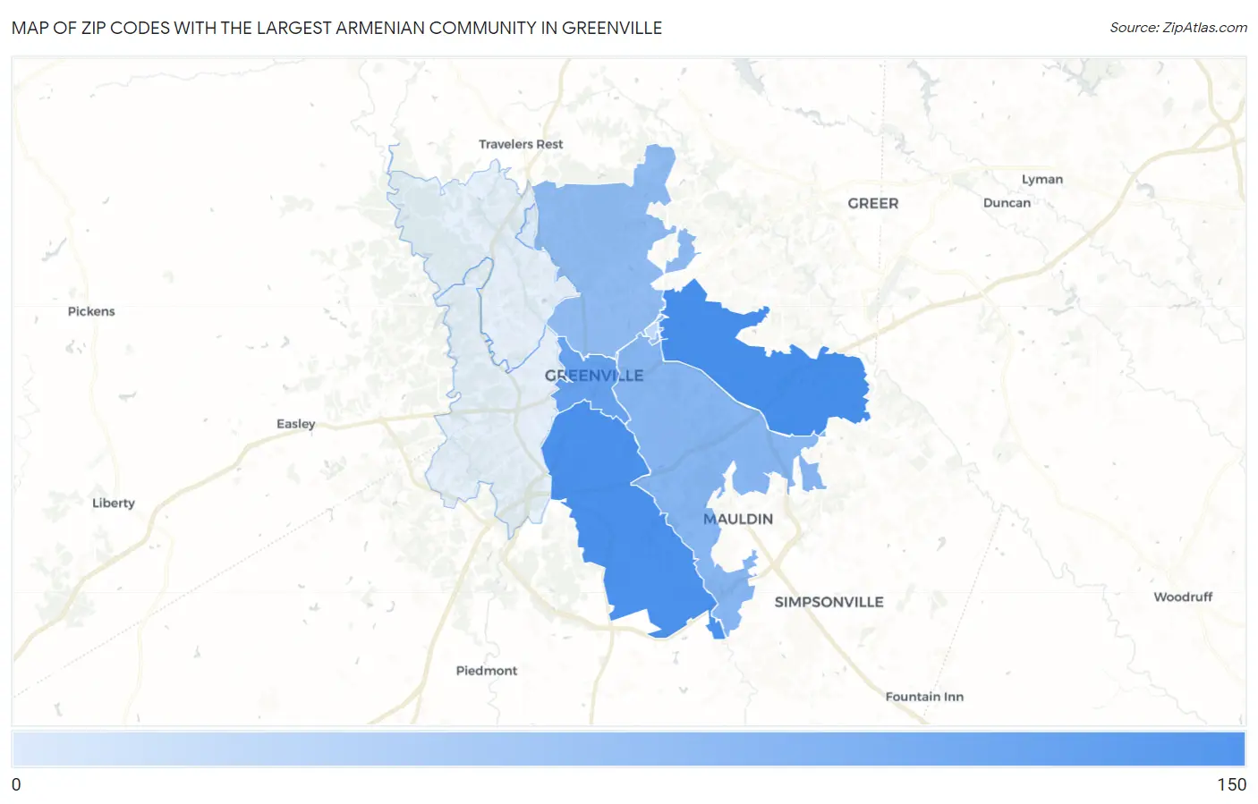 Zip Codes with the Largest Armenian Community in Greenville Map