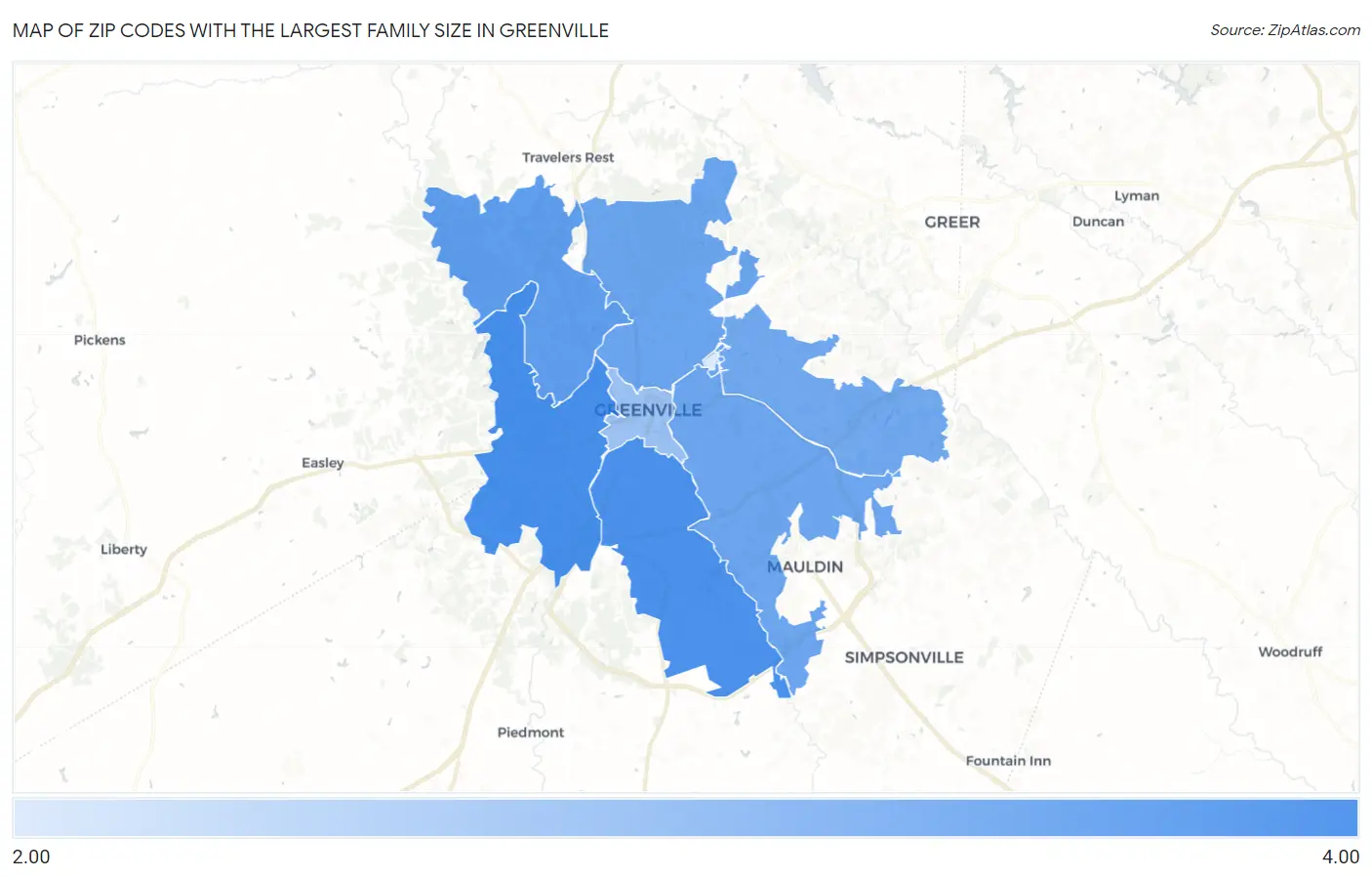 Zip Codes with the Largest Family Size in Greenville Map