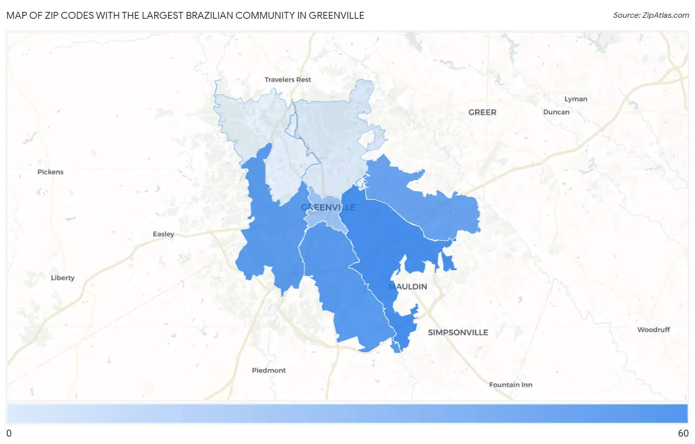 Zip Codes with the Largest Brazilian Community in Greenville Map