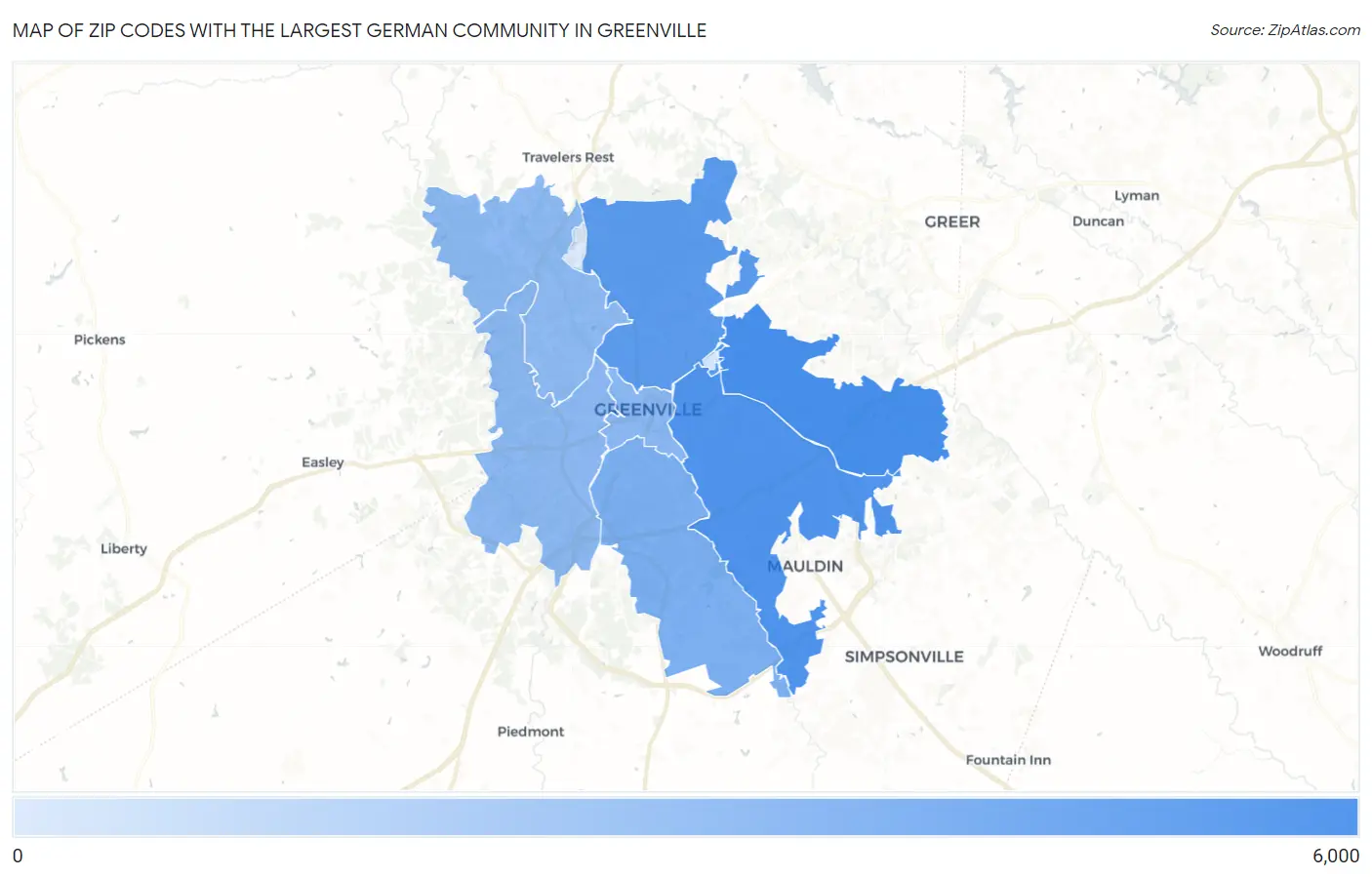 Zip Codes with the Largest German Community in Greenville Map