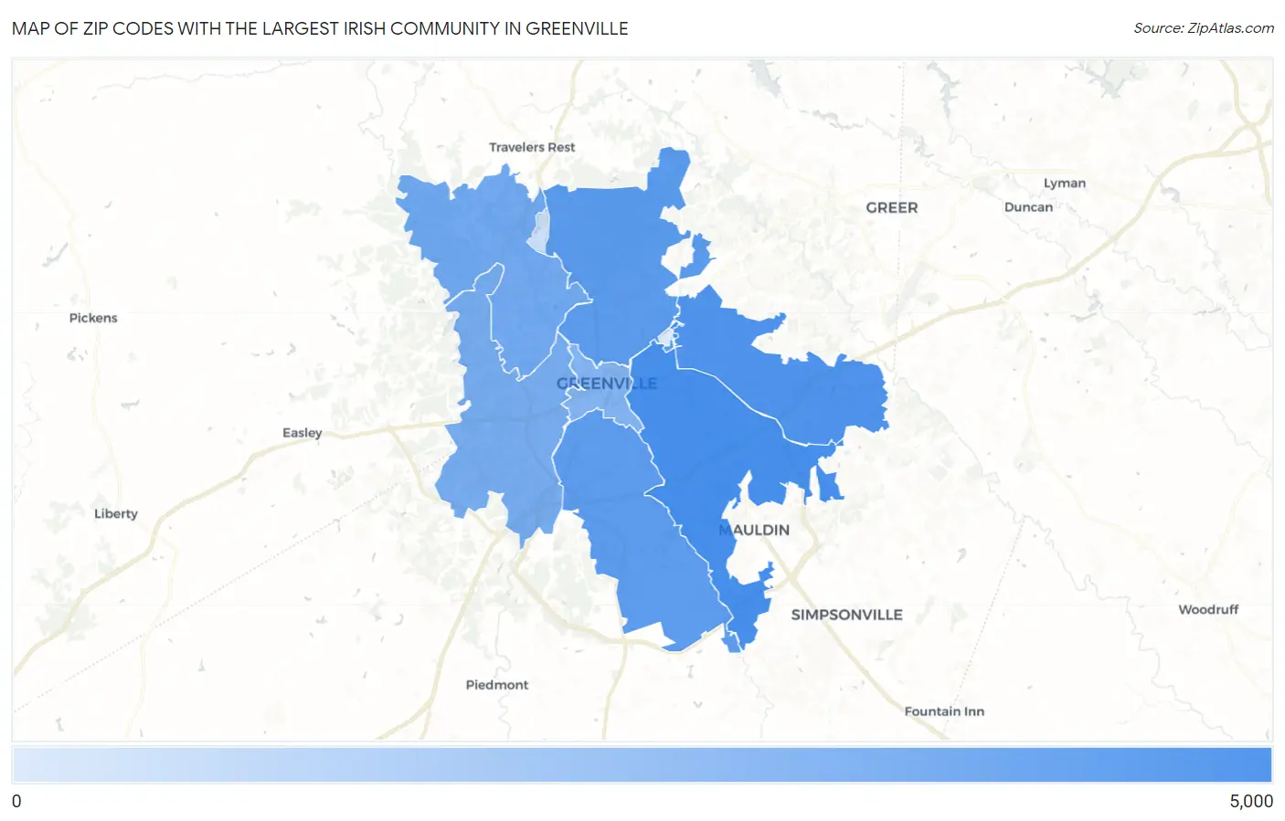 Zip Codes with the Largest Irish Community in Greenville Map