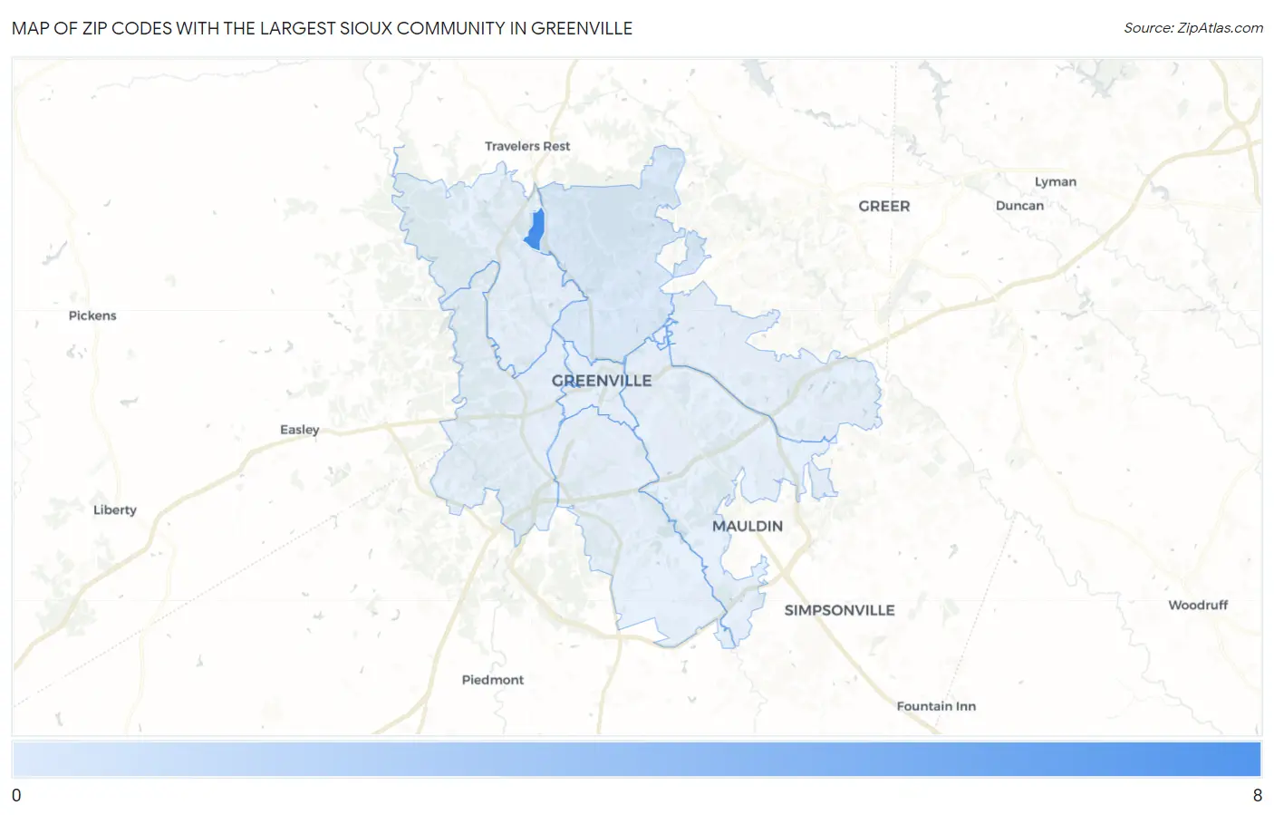 Zip Codes with the Largest Sioux Community in Greenville Map