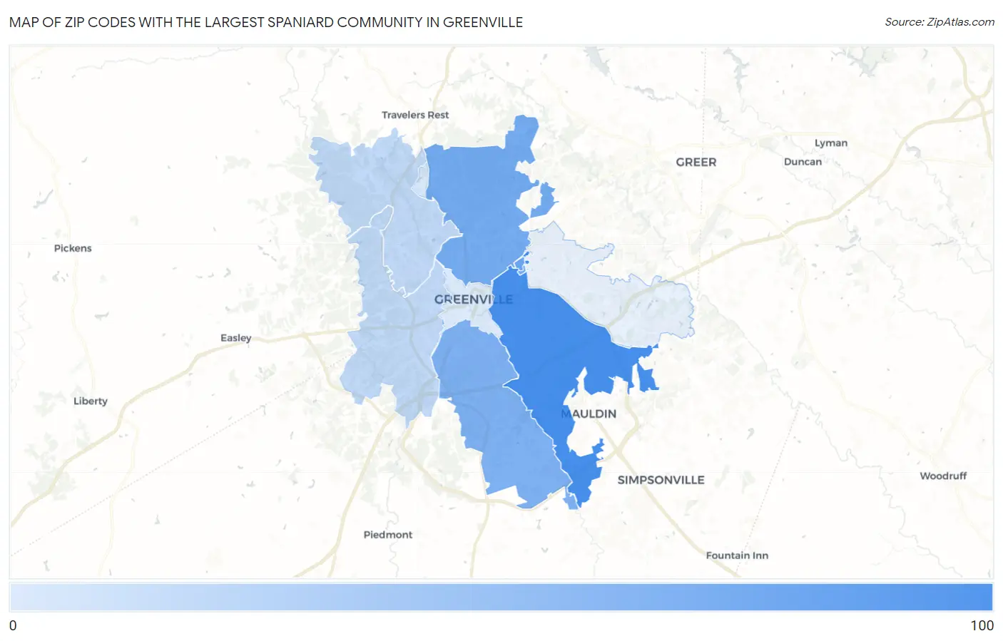 Zip Codes with the Largest Spaniard Community in Greenville Map