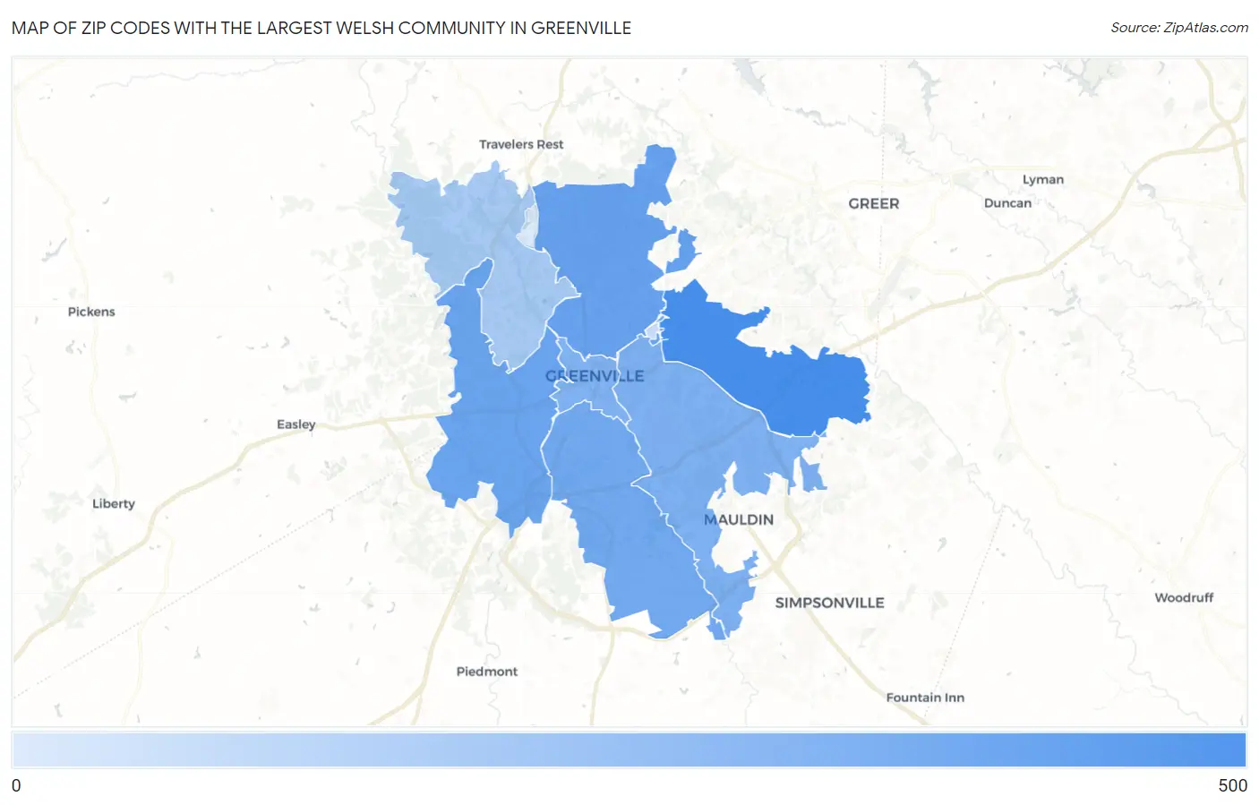Zip Codes with the Largest Welsh Community in Greenville Map