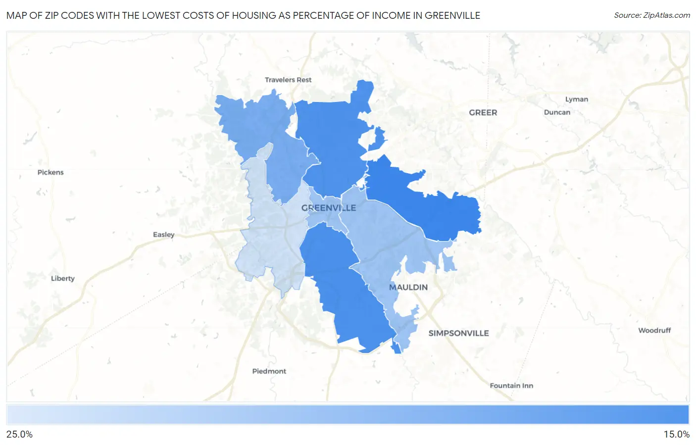 Zip Codes with the Lowest Costs of Housing as Percentage of Income in Greenville Map