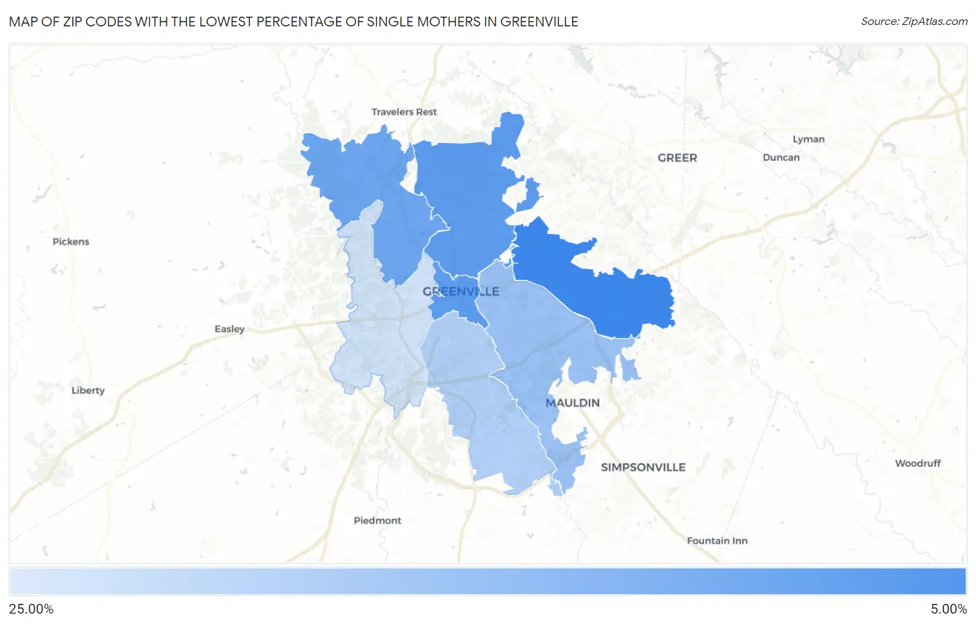 Zip Codes with the Lowest Percentage of Single Mothers in Greenville Map