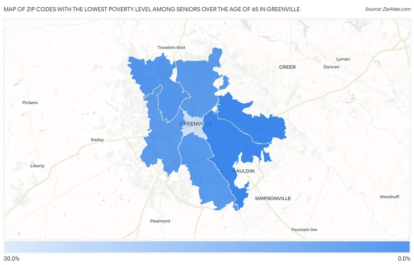 Zip Codes with the Lowest Poverty Level Among Seniors Over the Age of 65 in Greenville Map