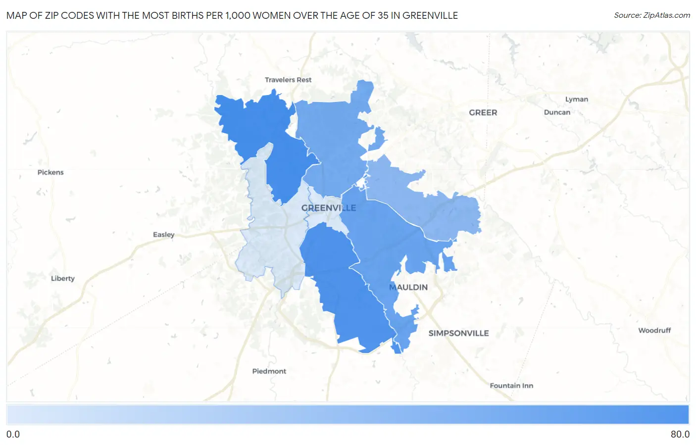 Zip Codes with the Most Births per 1,000 Women Over the Age of 35 in Greenville Map