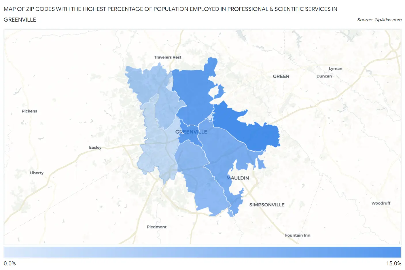 Zip Codes with the Highest Percentage of Population Employed in Professional & Scientific Services in Greenville Map