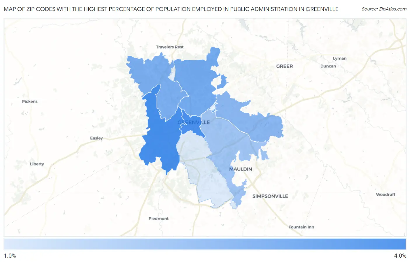 Zip Codes with the Highest Percentage of Population Employed in Public Administration in Greenville Map