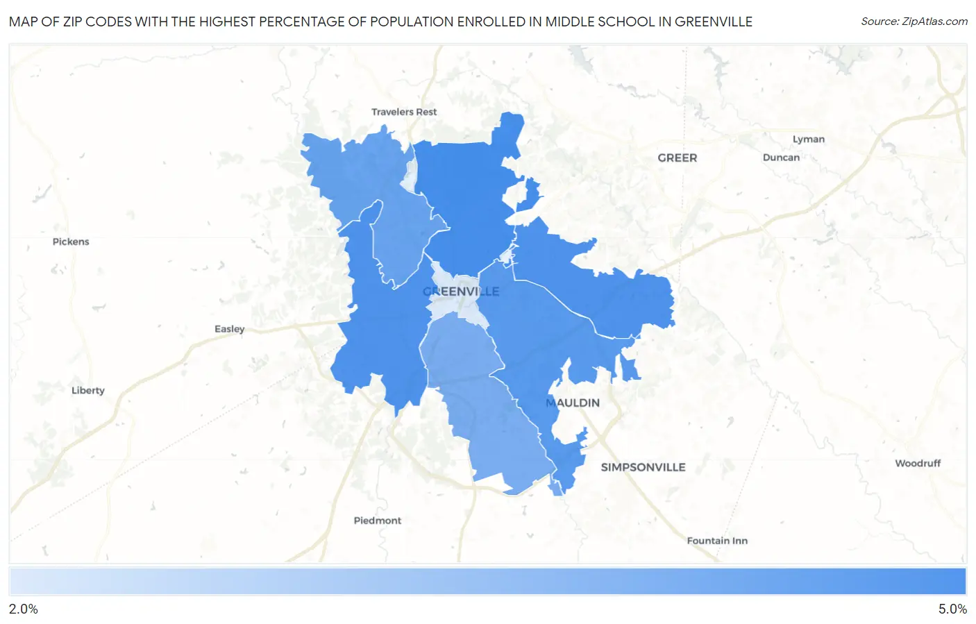 Zip Codes with the Highest Percentage of Population Enrolled in Middle School in Greenville Map