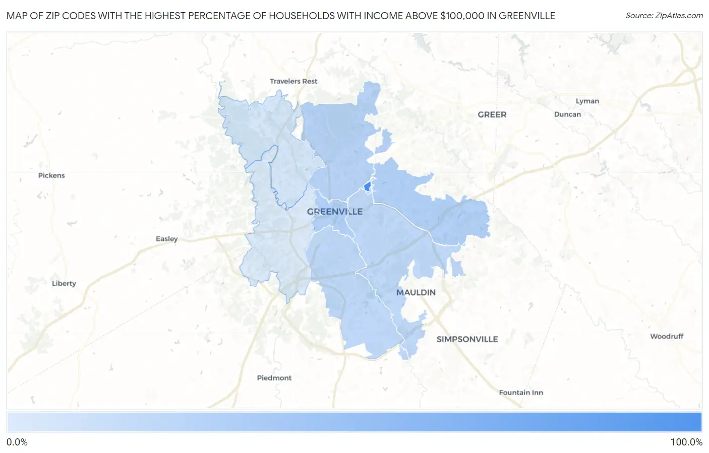 Zip Codes with the Highest Percentage of Households with Income Above $100,000 in Greenville Map
