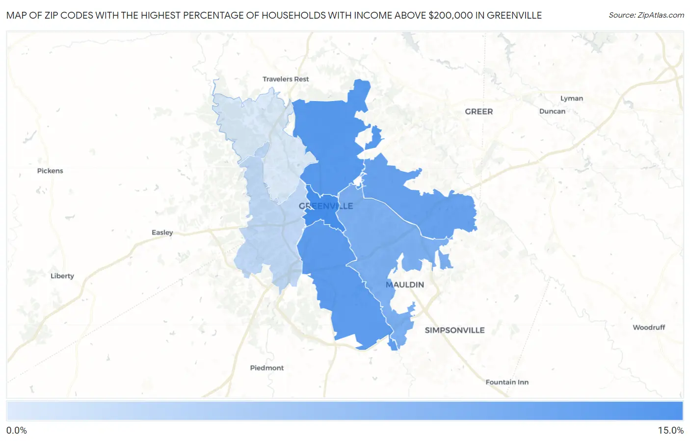 Zip Codes with the Highest Percentage of Households with Income Above $200,000 in Greenville Map