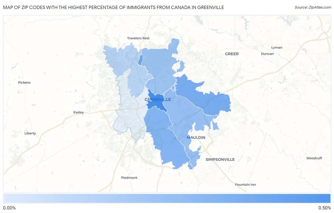 Zip Codes with the Highest Percentage of Immigrants from Canada in Greenville Map
