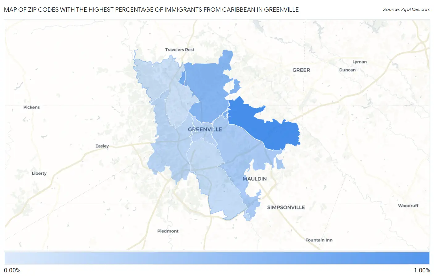 Zip Codes with the Highest Percentage of Immigrants from Caribbean in Greenville Map