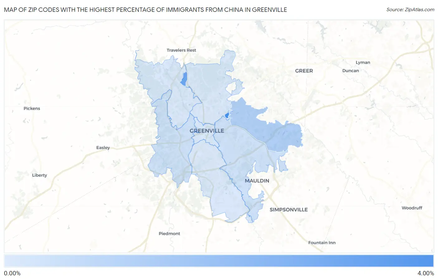Zip Codes with the Highest Percentage of Immigrants from China in Greenville Map