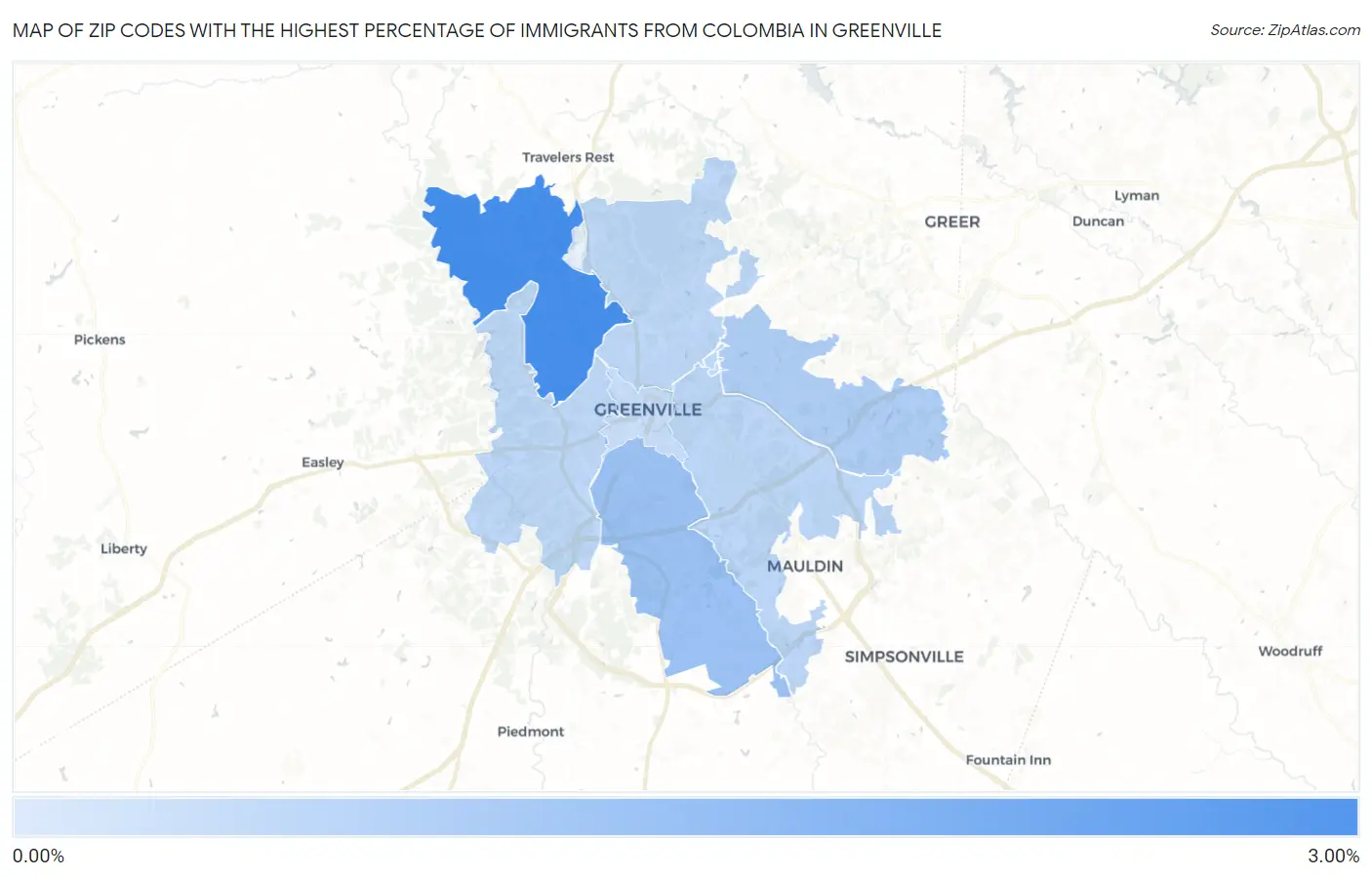 Zip Codes with the Highest Percentage of Immigrants from Colombia in Greenville Map