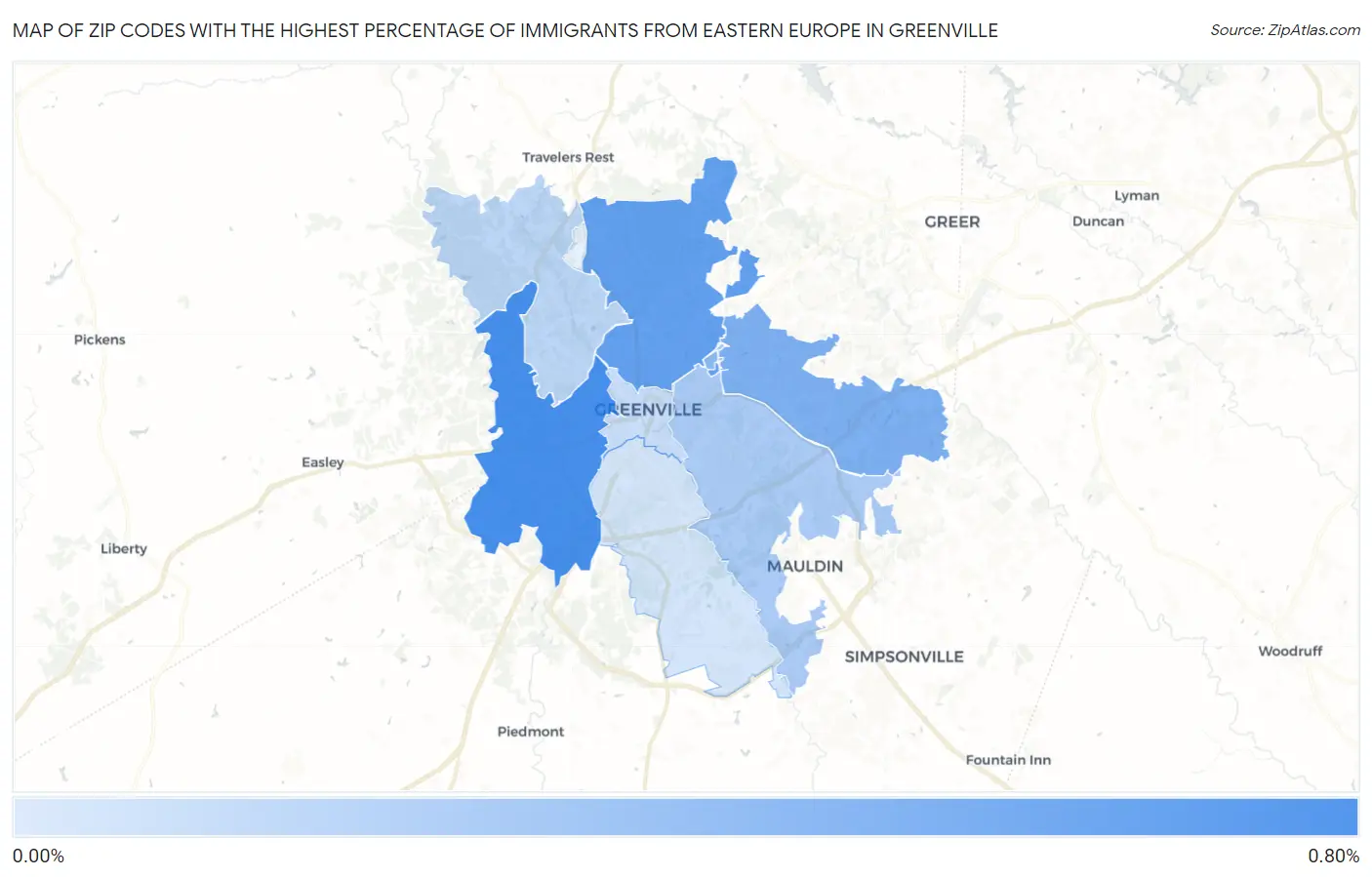 Zip Codes with the Highest Percentage of Immigrants from Eastern Europe in Greenville Map