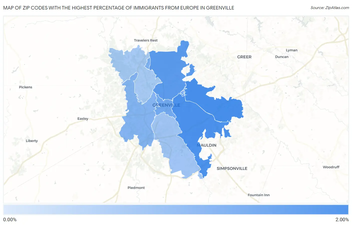 Zip Codes with the Highest Percentage of Immigrants from Europe in Greenville Map