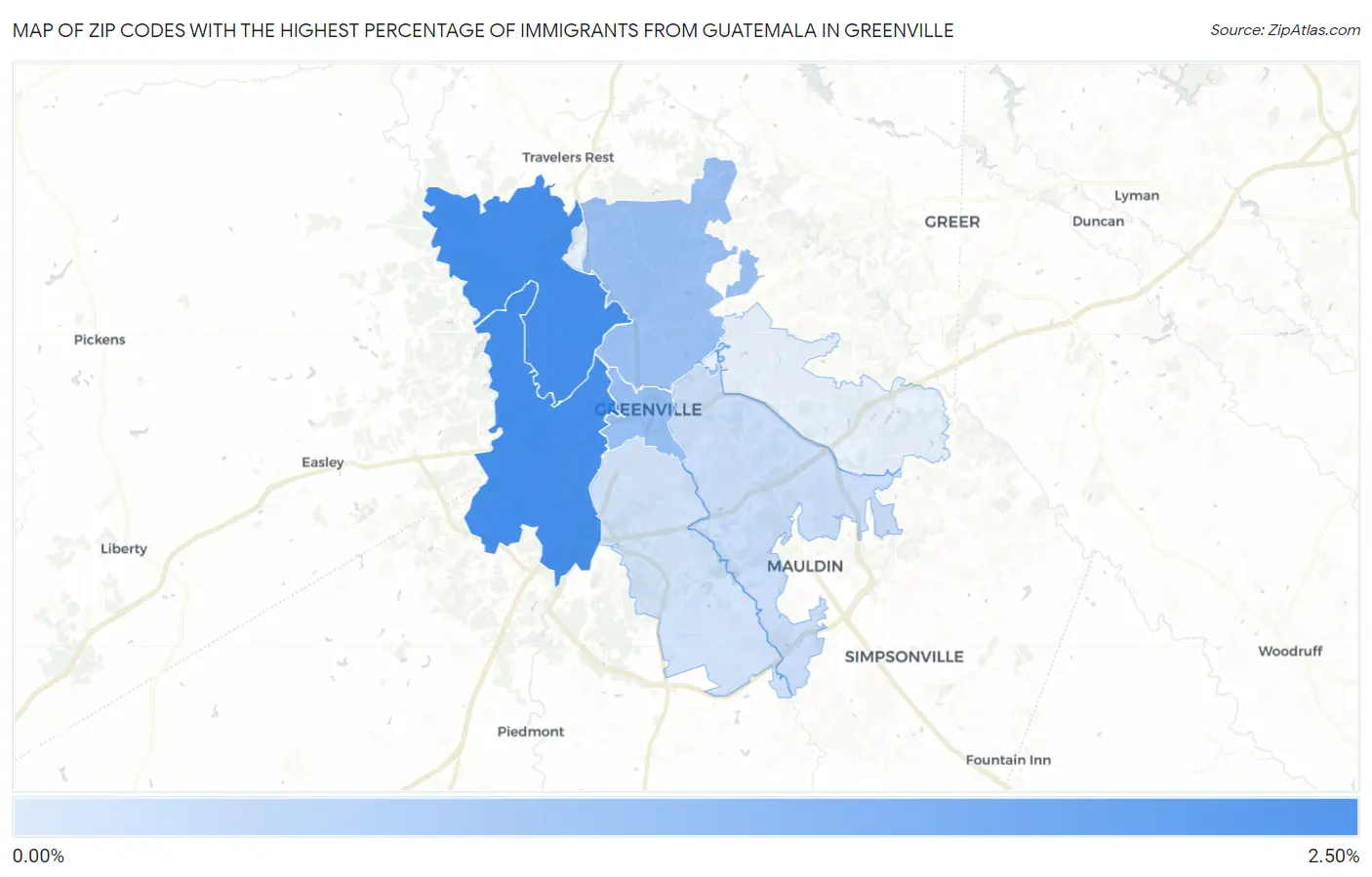Zip Codes with the Highest Percentage of Immigrants from Guatemala in Greenville Map