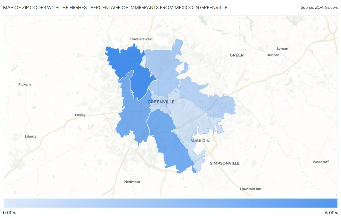 Zip Codes with the Highest Percentage of Immigrants from Mexico in Greenville Map
